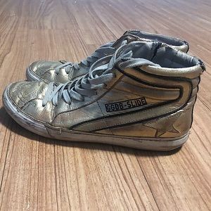 Golden Goose Slides- Golden high top sneaker.